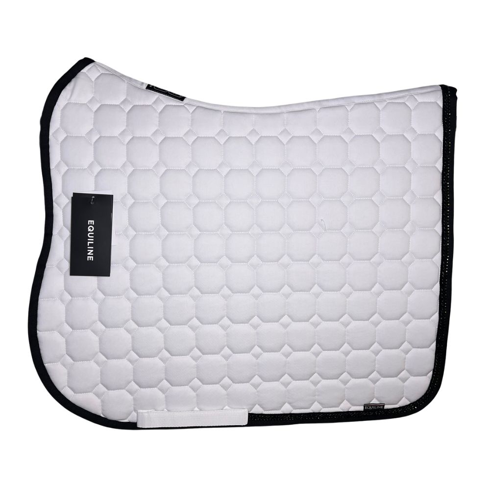 Equiline Dressurschabracke Octagon weiß (breite schwarze Glitzerborde, dunkler Strass, schwarzer Rand)